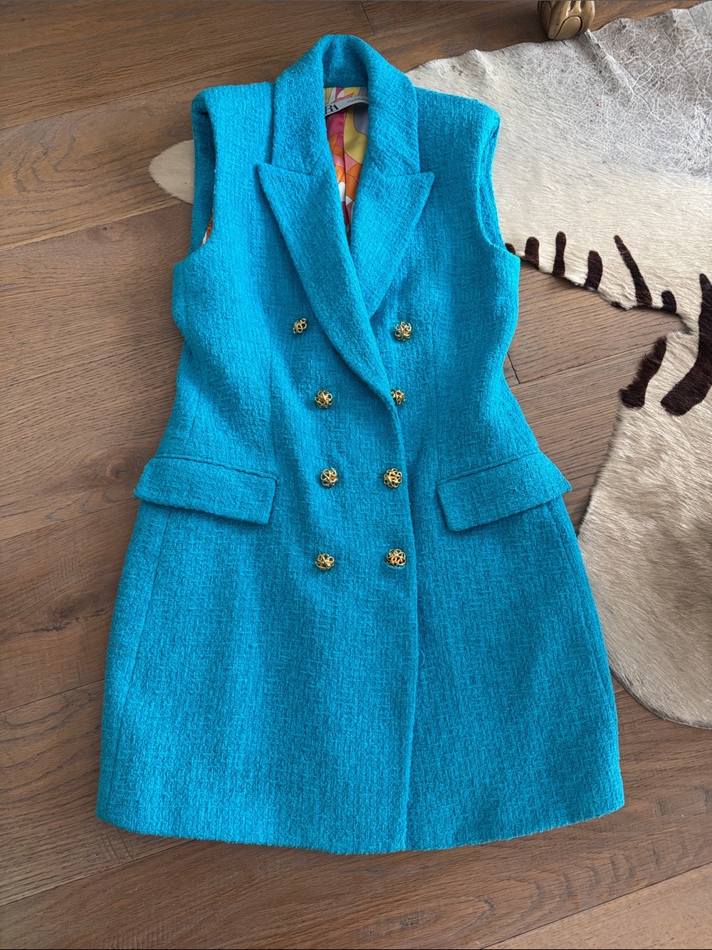 Zara Sleeveless Double-Breasted Turquoise Wool Vest Dress